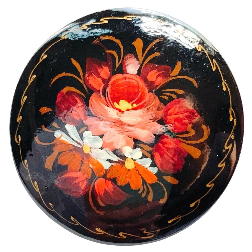 VTG Russian Hand Painted Lacquer Floral Brooch Signed Cyrillic 70s 80s Pin